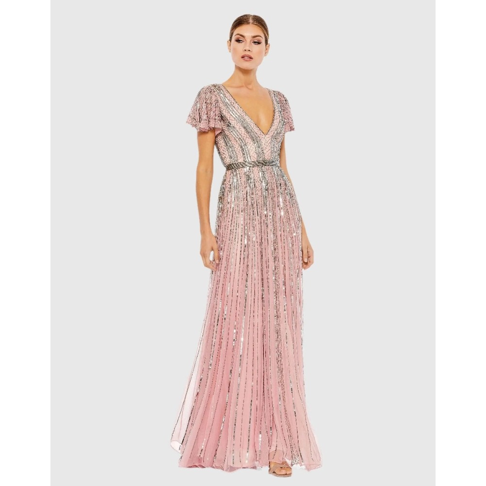 Mac Duggal 70108 Rose Pink Sequin Beaded Flutter Sleeve V-Neck Gown Dress size 4 - Picture 3 of 14